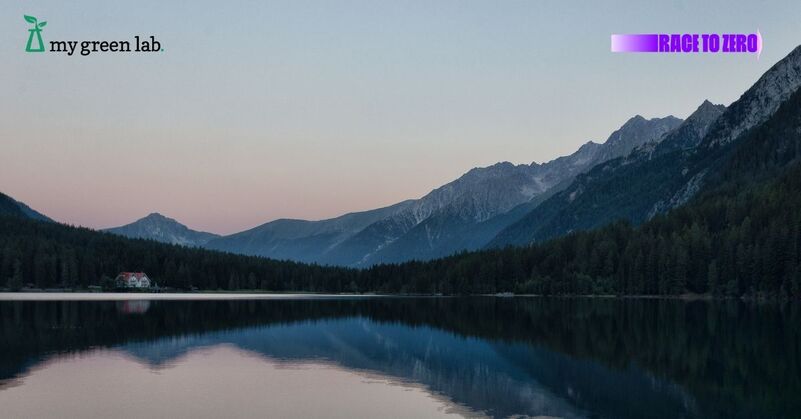 my green lab race to zero lake with mountains