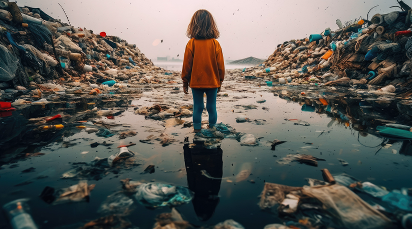 child standing in a river of waste