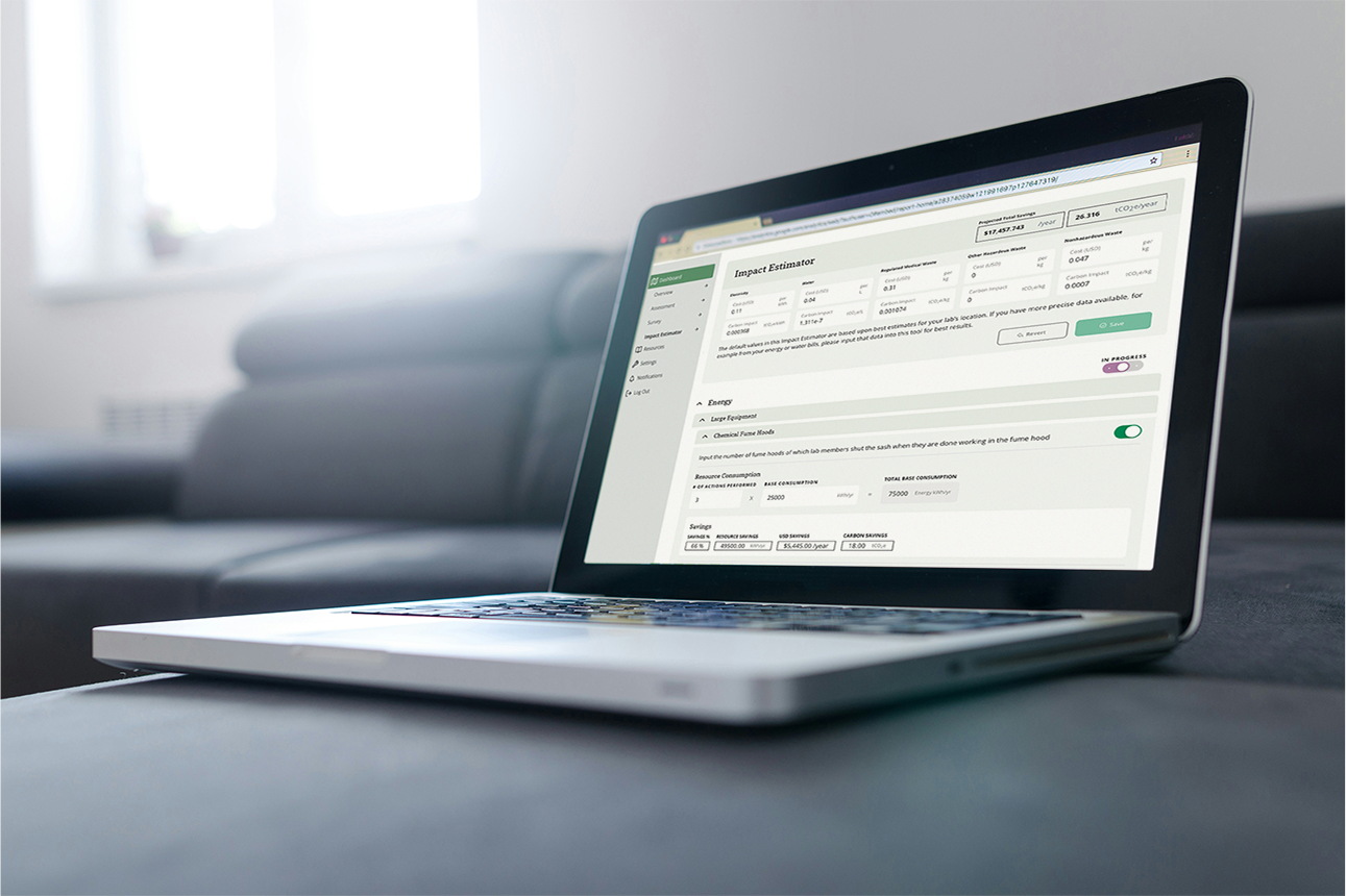 My green lab certification showing the importance of the impact estimator platform being performed on a laptop